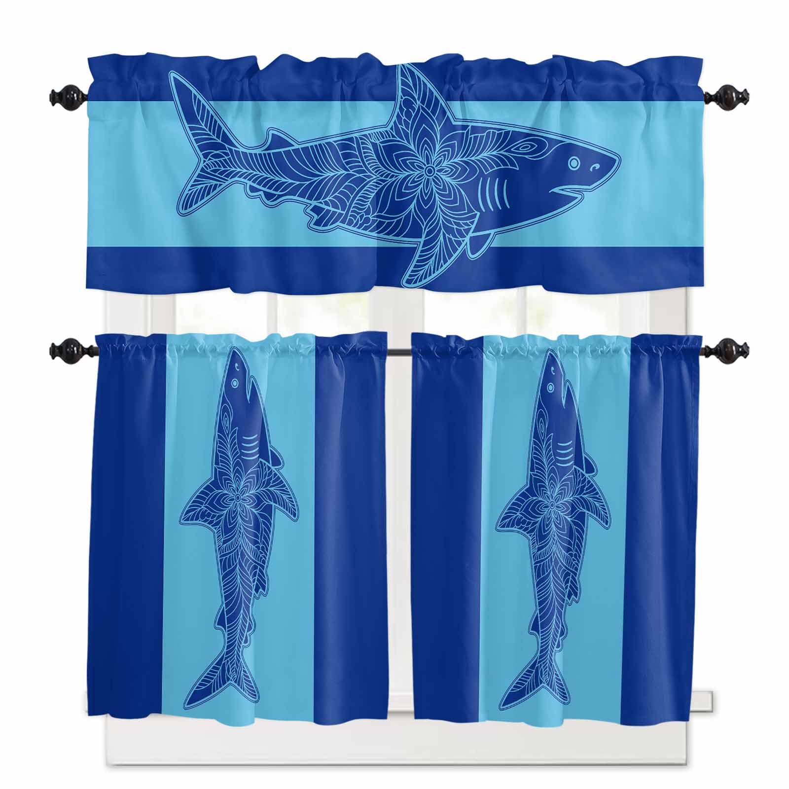 Shark Mandalas Kitchen Curtains 24 Inch Length,3 Piece Rod Pocket Small Half Tiers and Valance Set,Boho Modern Orange Blue Stripe Tropical Small Large Window Treatment Decor for Bedroom/Bathroom Sink