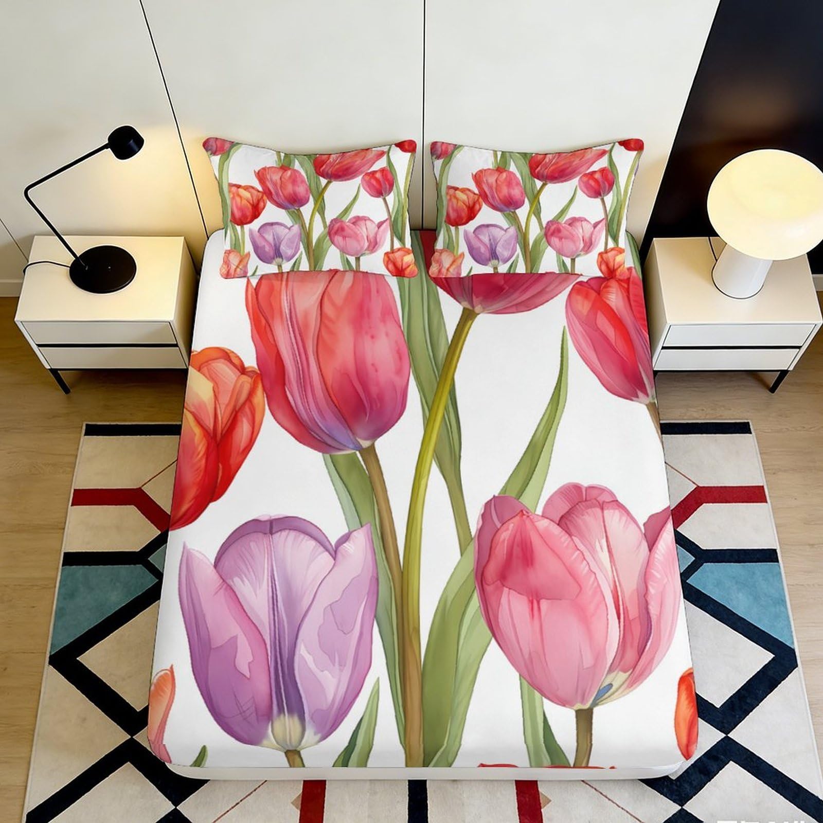 3D Printed Tulip Garden Fitted Sheet Microfiber Soft Floral Bed Sheet for Bedroom Guest Room Mattress Protection Decor 90x200x25cm