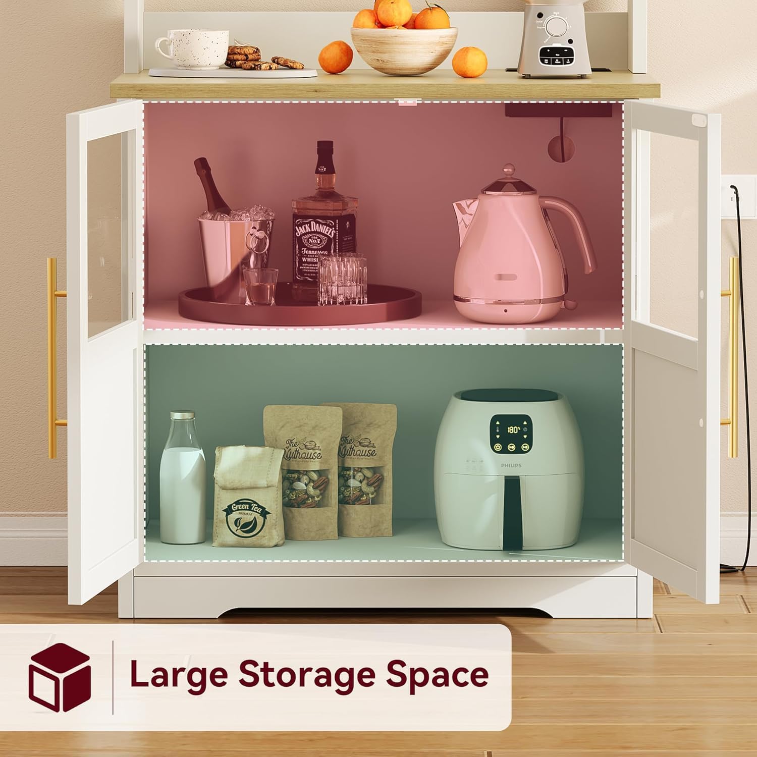 Farmhouse Bakers Rack with Power Outlet, Microwave Stand Cabinet with Thickened Countertop and Storage Shelves, Small Kitchen Coffee Bar Station, Freestanding Pantry Organizer for Dining Room