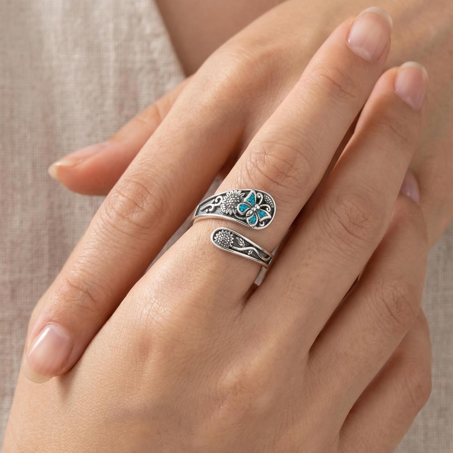 ONEFINITY Butterfly Spoon Rings 925 Sterling Silver Turquoise Adjustable Thumb Rings Sunflower Butterfly Jewelry Gift for Women