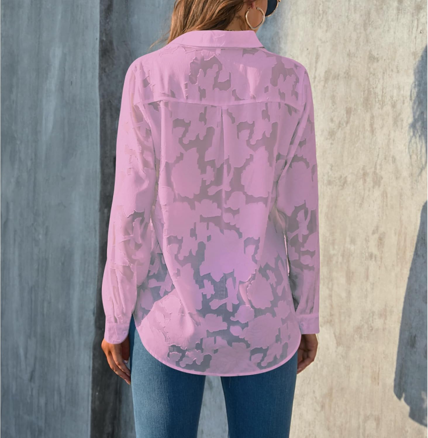 Sunshine swing Women's White Elegant Sexy See Through Blouse Shirt Long Sleeve Jacquard Turn-Down Button Down Shirt Top - Image 2