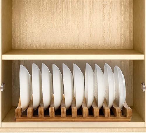 Miniatura 7 de Frcctre Escurridor de platos de bambú, 10 ranuras, soporte de placa de gabinete de bambú, escurridor de platos, estante de platos de madera, soporte