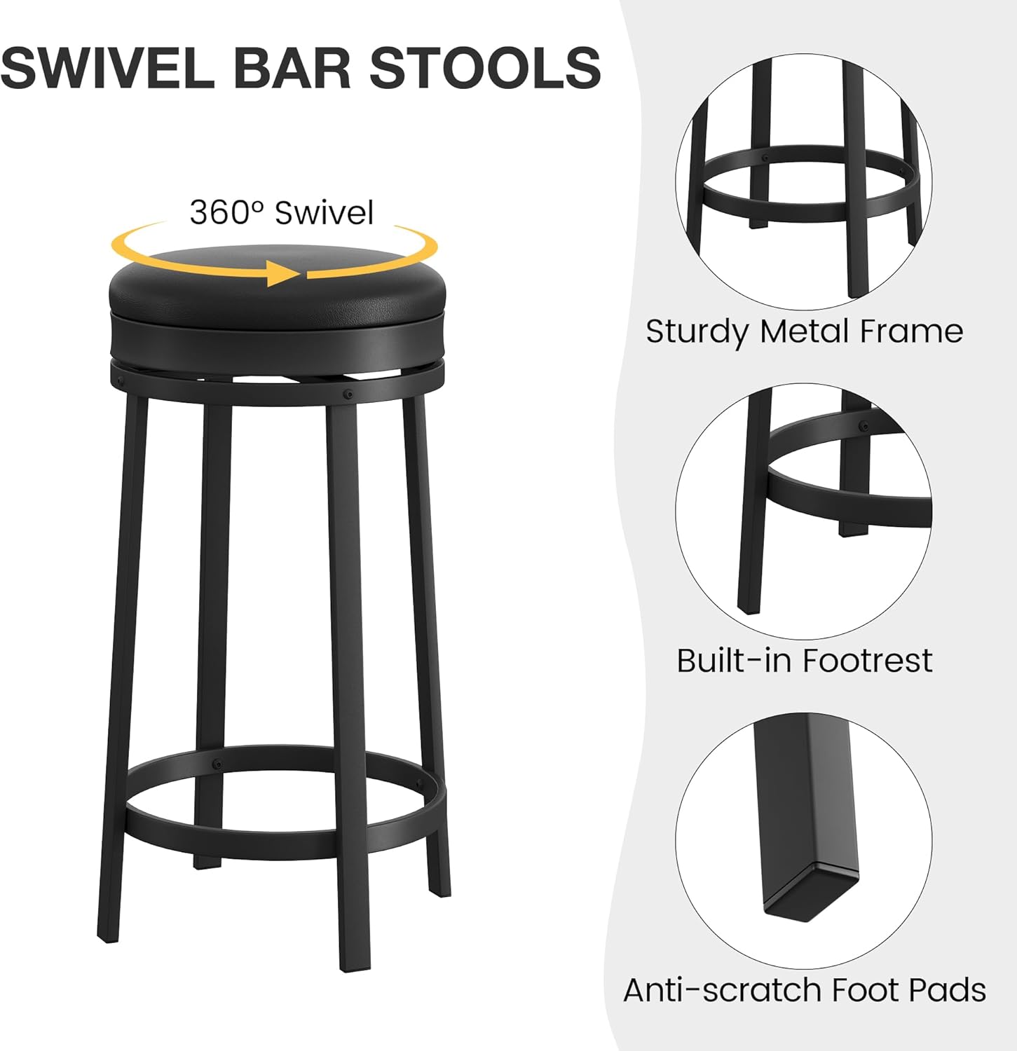 Diagram showing the 360-degree swivel feature, sturdy metal frame, built-in footrest, and anti-scratch foot pads of the bar stool.
