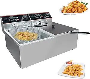 GarveeHome Commercial Deep Fryer with Basket, 11.55 QT/11 L Stainless Steel Electric Countertop Fryer with Double Tanks and Temperature Control for Restaurant and Home Use,1500 W+1500 W