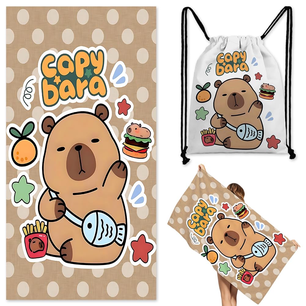 Microfiber Capybara Beach Towel Sand Free Absorbent Extra Large Travel Towels for Adults Kids Microfibre Towels for Adults with Drawstring Bag 2in1 Lightweight beach Towel for Swimming Yoga Camping