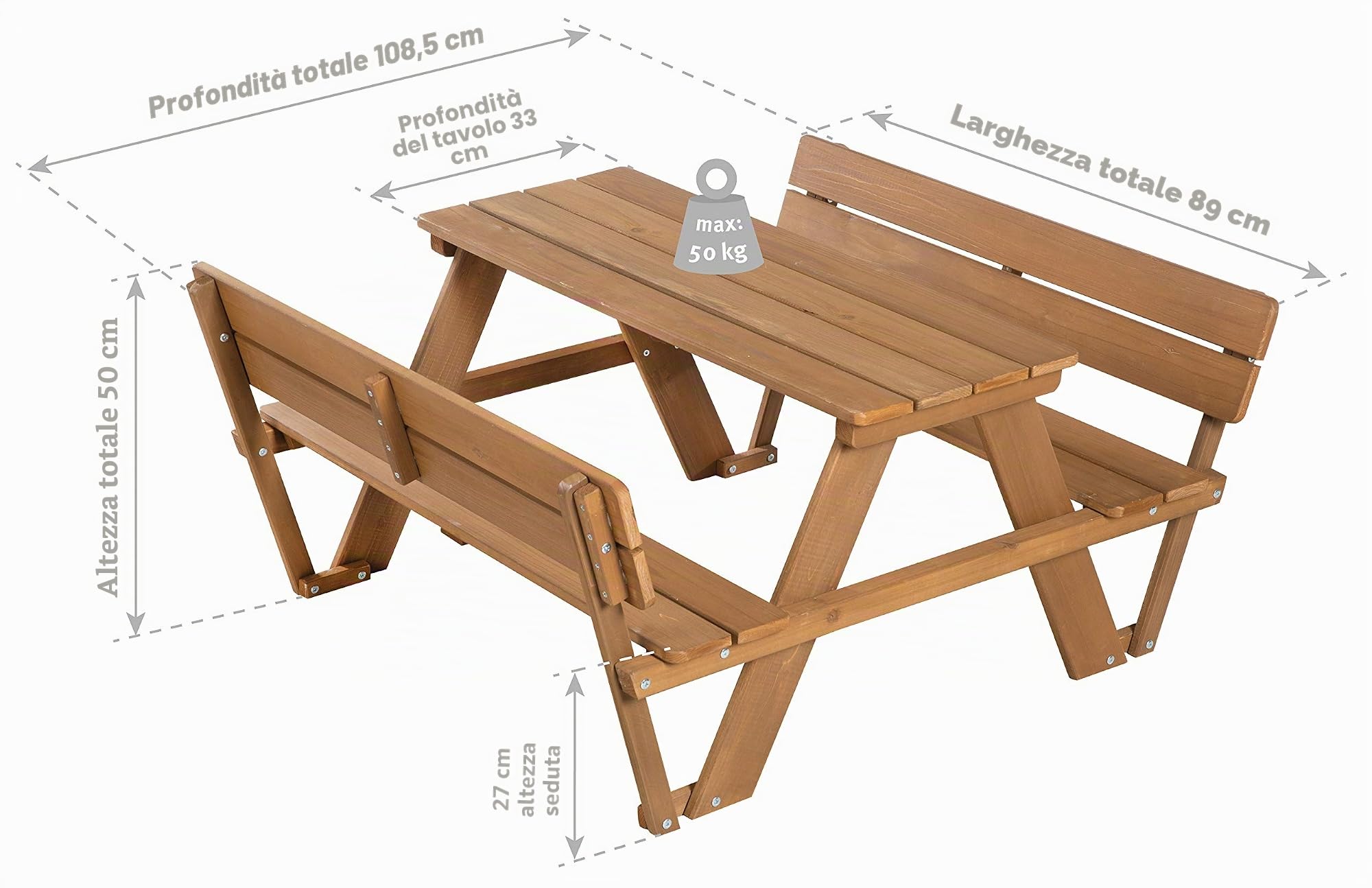 roba Panca con Schienale + Tavolo per Bambini Picnic per 4 - Resistente alle Intemperie - per Esterno e Giardino - per Campeggio - Regalo di Compleanno, Natale, Pasqua - Legno Massello - Marrone