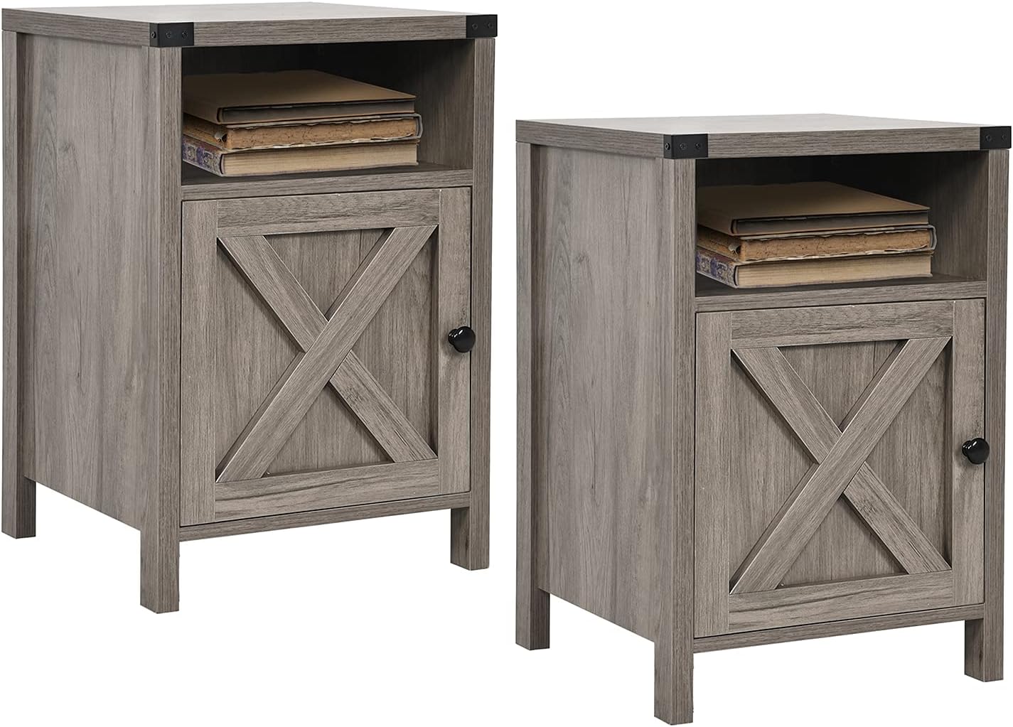 Farmhouse Nightstand, Side Table, Set of 2 End Table with Barn Door and Shelf, Modern Bed Side Table End Table, Rustic Nightstands Set for Bedroom, Living Room, Set of 2, Grey Wash