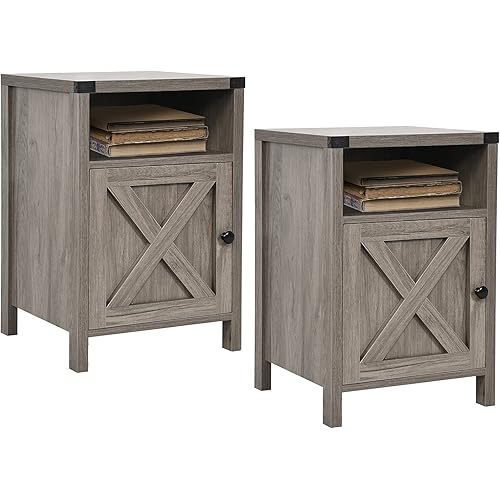 Farmhouse Nightstand, End Table, End Tables with Barn Door and Shelf, Modern Bed Side Table Rustic Gray Nightstands Set for Bedroom, Living Room, Set of 2, Gray Wash