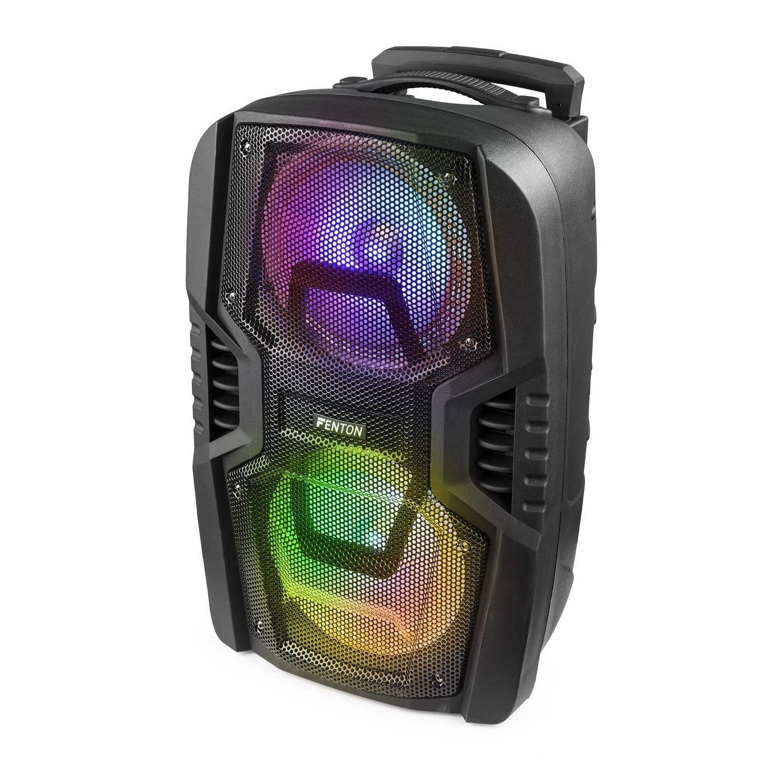 Fenton FT208LED Enceinte Sono Portable Bluetooth avec Batterie 2X 8, Puissance 500W, Enceinte Portable avec roulettes, USB, SD, AUX, Micro Filaire, Eclairage LED, Idéal pour Soirées et Animations