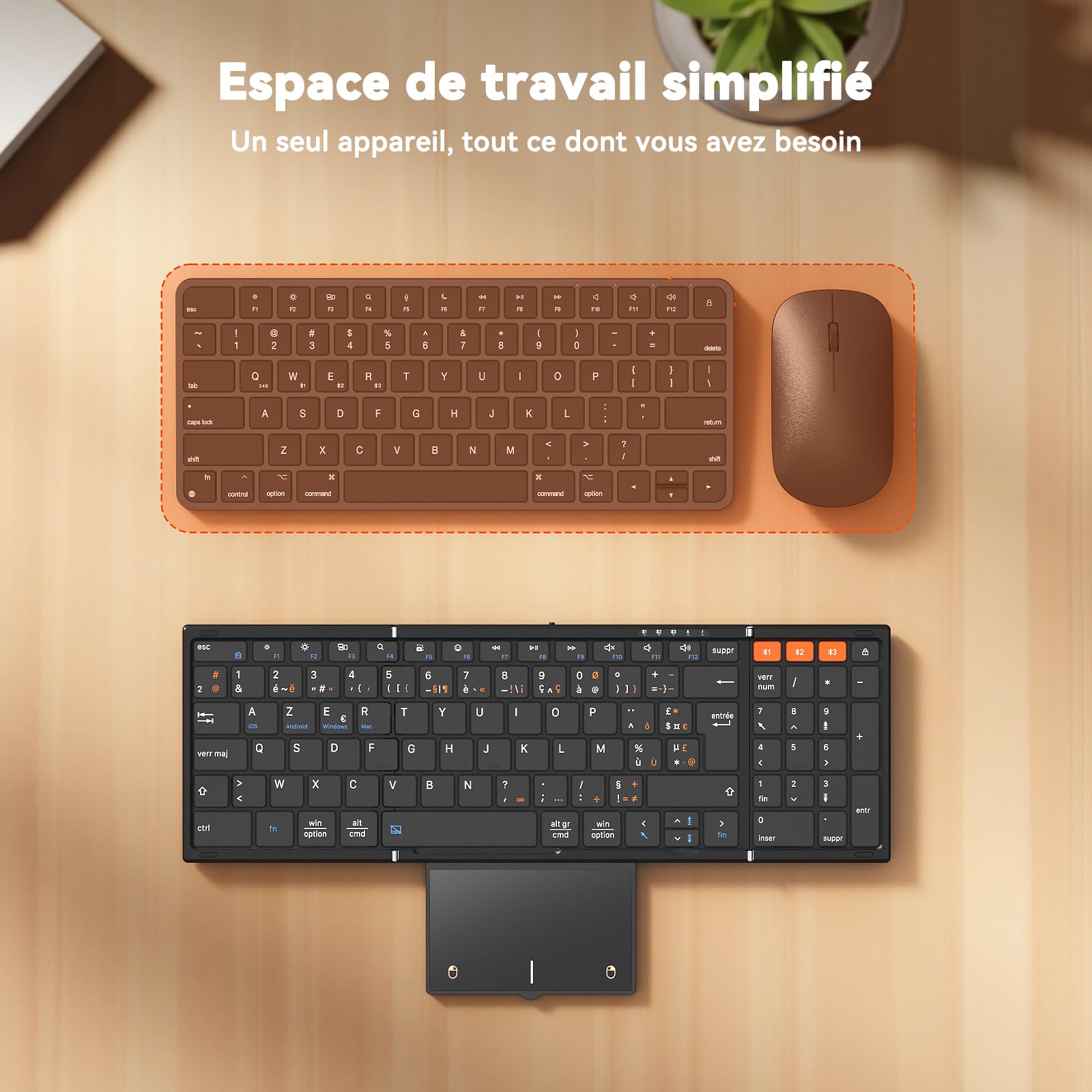 MEETION Clavier Bluetooth Pliable Avec Pavé Tactile, Clavier Portable Sans Fil AZERTY, Clavier Pliable Full-Size Rechargeable, Compatible Avec Android, Windows, iOS, Tablettes Et Ordinateurs Portables