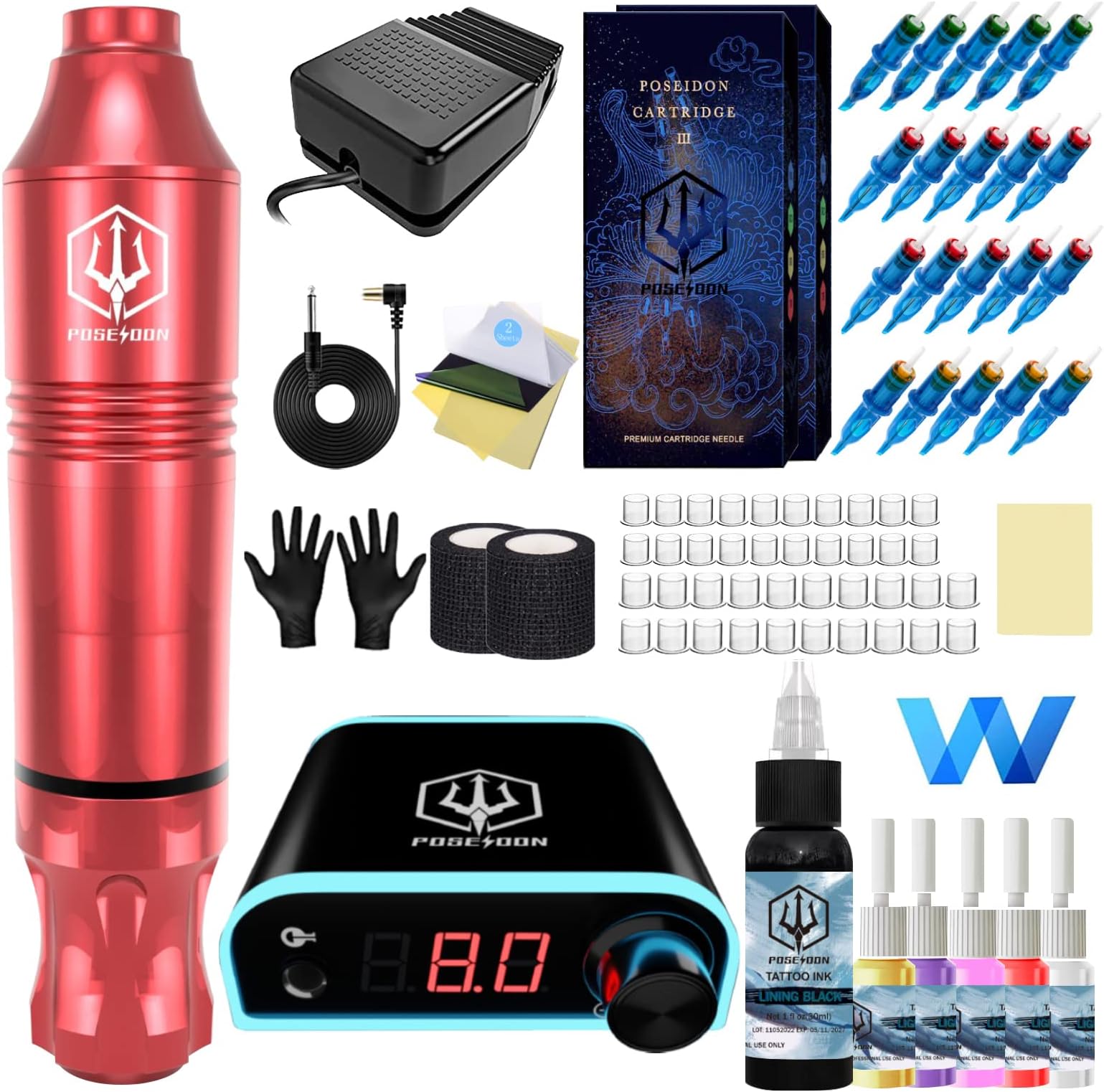 POSEIDON Rotary Tattoo Pen Kit for Beginners & Artists - Complete Tattoo Machine Set with Power Supply/20 Cartridge Needles/6 Ink Colors/Foot Pedal (TK019)