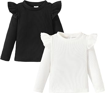 OPAWO Toddler Girl Shirts Ruffle Long/Short Sleeve Baby Girl T-Shirts Kids Blouse, Ribbed Toddler Girl Tee Tops 2-Pack 12M-6Y