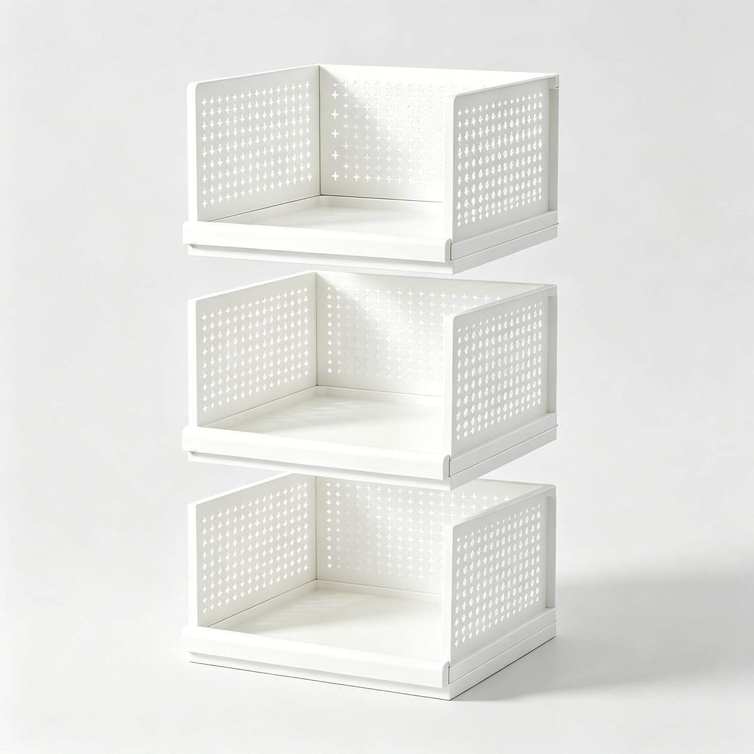 3-Tier White Stackable Plastic Closet Organizer Basket Bins