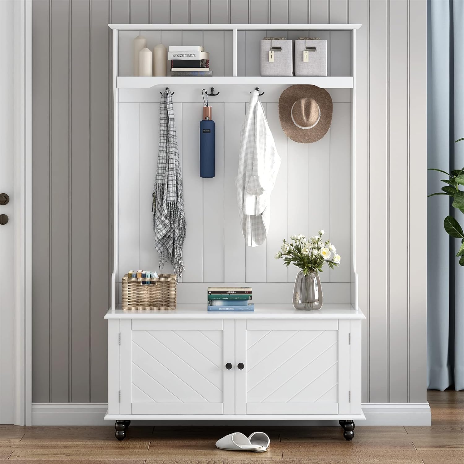 Hall Tree and Shoe Storage Bench with Cabinet Wooden Coat Rack with 4 Double Hooks for Mudroom Organization Entryway White