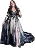 Mouccy Sparkly Black Wedding Dresses for Bride V Neck Long Sleeve Bridal Gowns with Slit Gothic Long Wedding Gown with Train