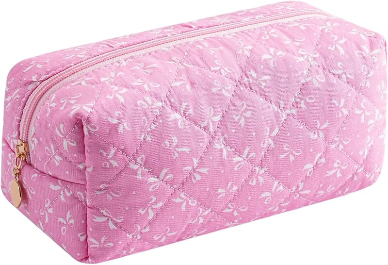 Necessaire de maquiagem floral WHHJM em algodão matelassê, rosa