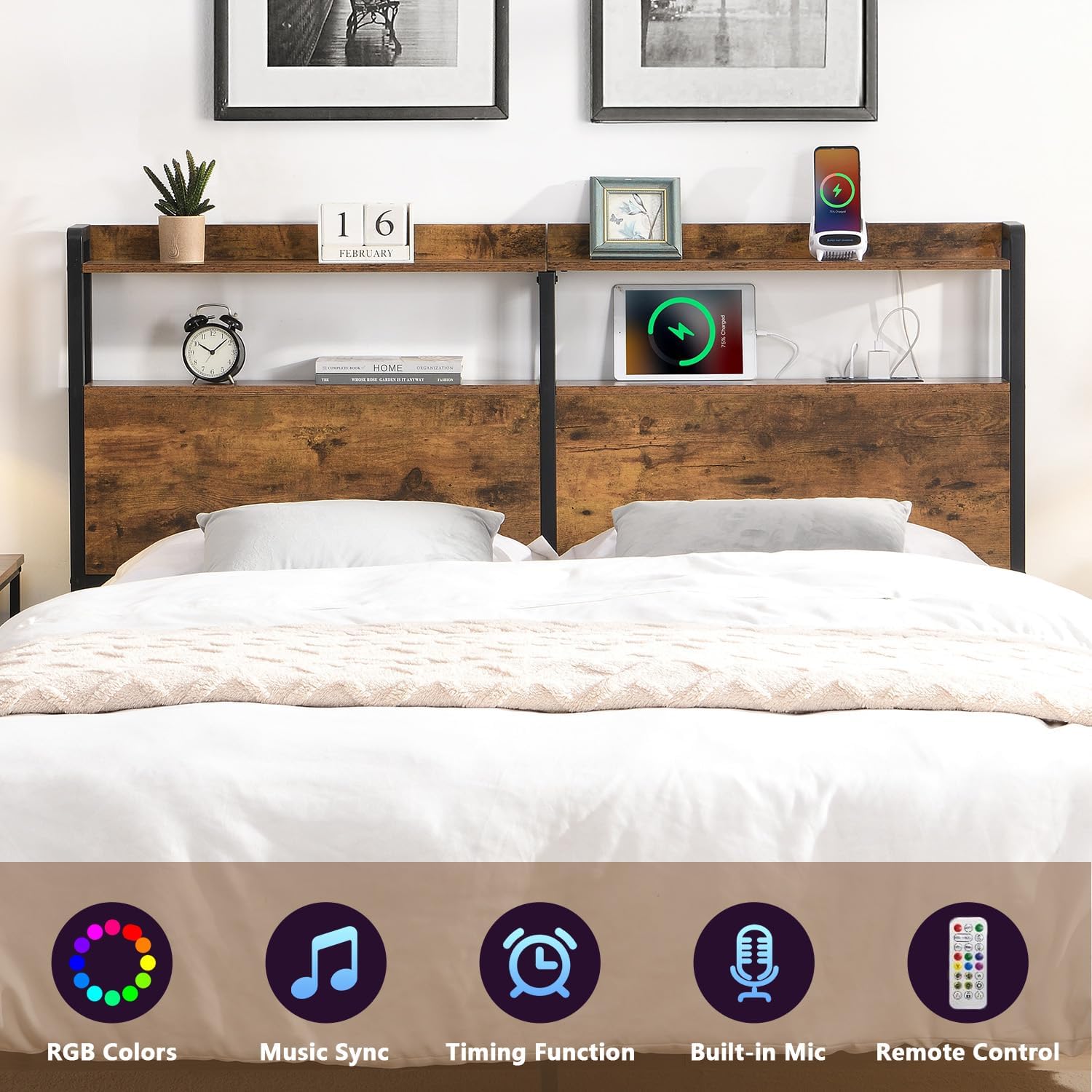 Headboard Queen Size with Storage, 2-Tier Headboard with Shelf, LED Light & Charging Station & USB Port, Sturdy and Easy Assembly, Rustic Brown (Queen)