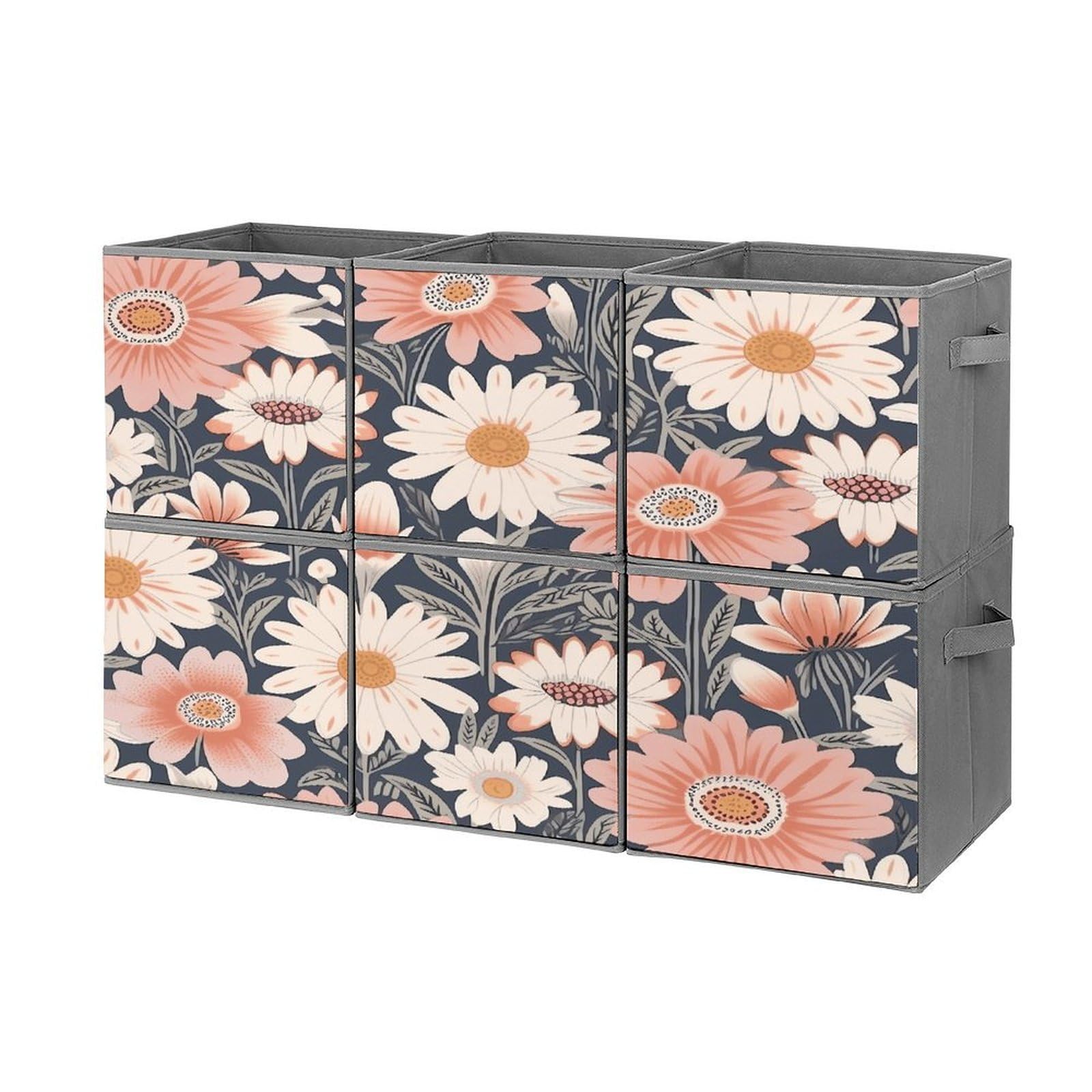 Btcowzrv Style Hand Drawn Peach Flowers Storage Cubes, 6 Pack Oxford Fabric Foldable Collapsible Bins With Handles, Cubby Storage Baskets Boxes For Closet Shelves Office Organization