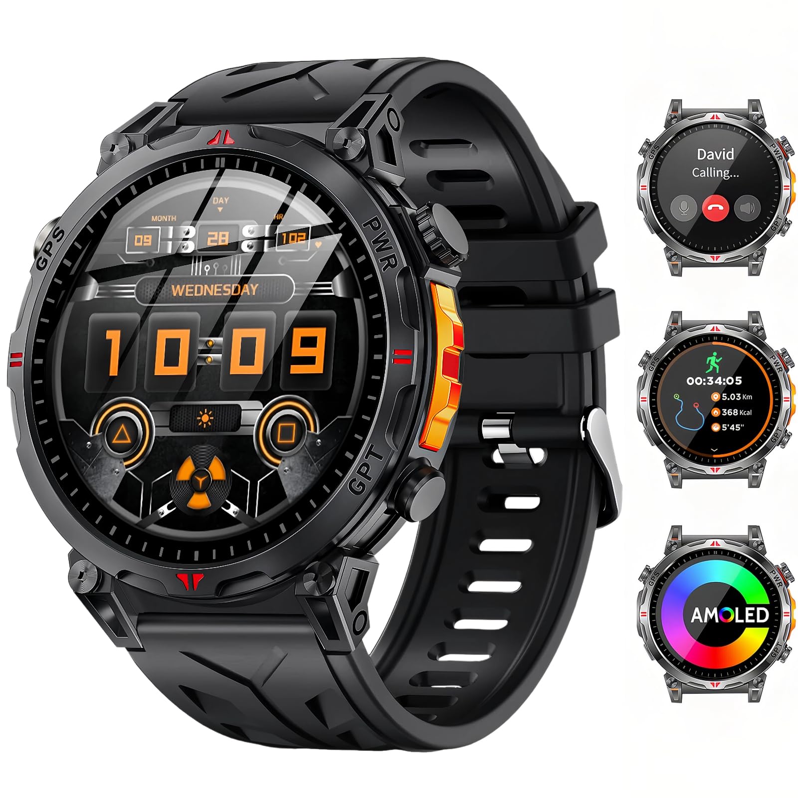 Montre Connectée Homme GPS Intégré, Boussole, Altimètre, Baromètre, 1.6" AMOLED Montre Connectée avec Appels Bluetooth, Suivi Santé, 100+ Sportifs, Podomètre, Montre Sport Homme Android iOS | Appels Bluetooth, Notifications, 100+ Modes Sportifs, Boussole,