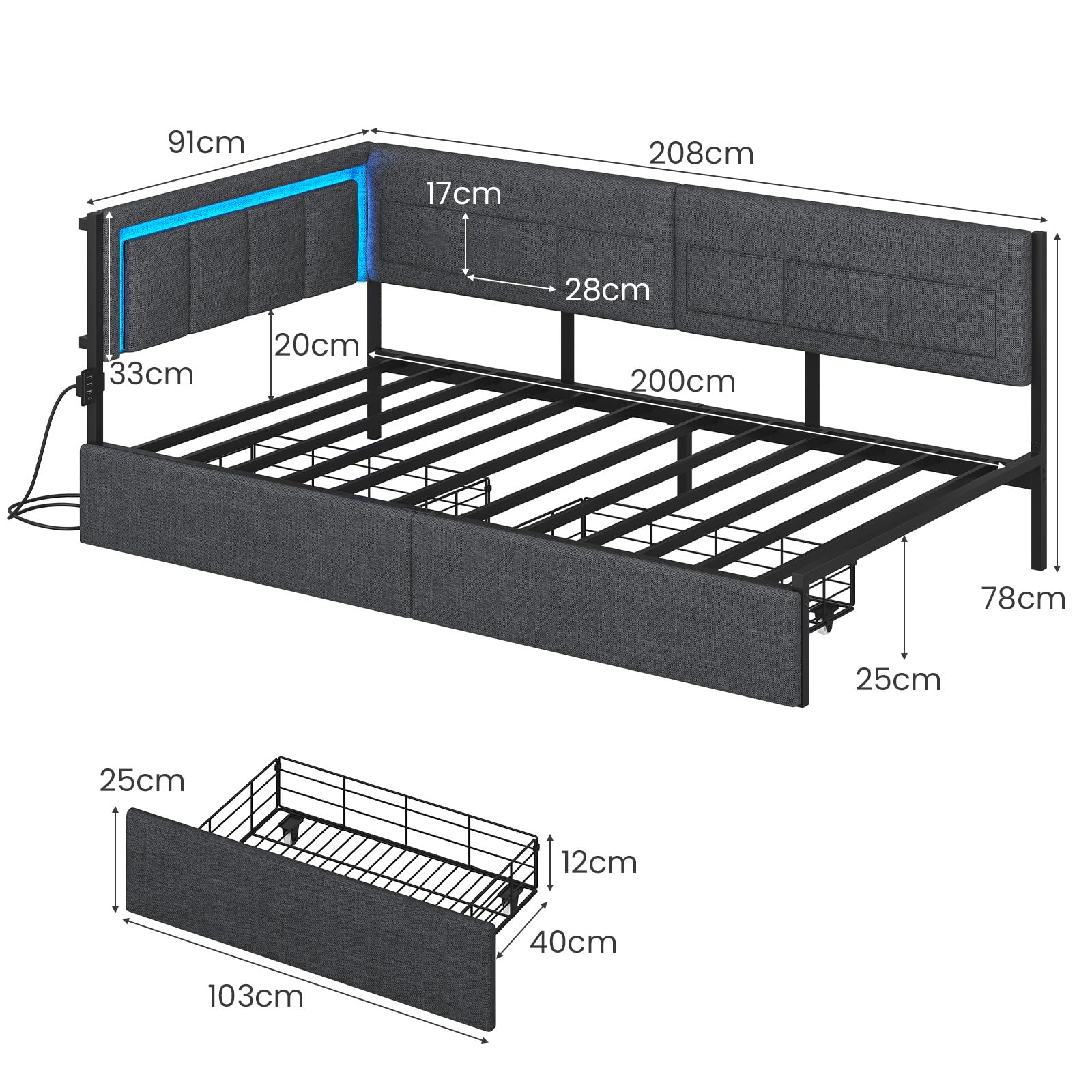 KIMENICH Polsterbett Schlafsofa 90x200 mit LED-Beleuchtung, 6 Stoffbeutel, Ladestation, Tagesbett, Jugendbett mit 2 Schubladen und Lattenrost aus Metall, Gepolstertes Kopfteil, Grau