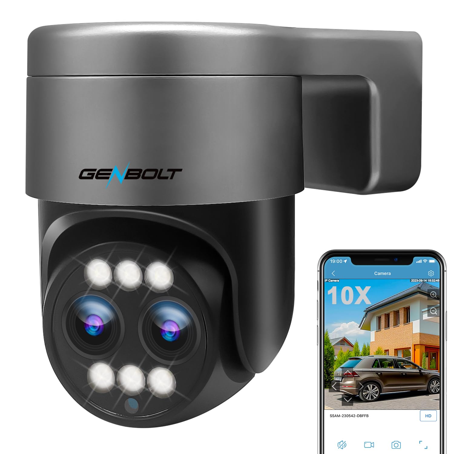 [DC&POE]2.5K PTZ Security Camera Outdoor, GENBOLT Floodlight WiFi Camera Home Surveillance Wireless Exterieur, 5MP CCTV IP Caméra Sans Fil Outside House, Pan Tilt 5X Optical Zoom Focus, Auto Humanoid Tracking