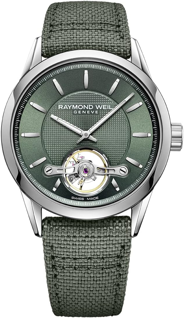 Raymond Weil Freelancer Men's Automatic Watch, Calibre RW1212, Visible Balance Wheel, Green Dial with Indexes, Green Canvas Strap, 42.5 mm (Model: 2780-STC-52001)