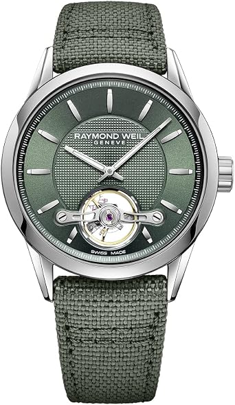 Raymond Weil Freelancer Mens Automatic Watch, Calibre RW1212, Visible Balance Wheel, Green Dial with Indexes, Green Canvas Strap, 42.5 mm Model 2780-STC-52001