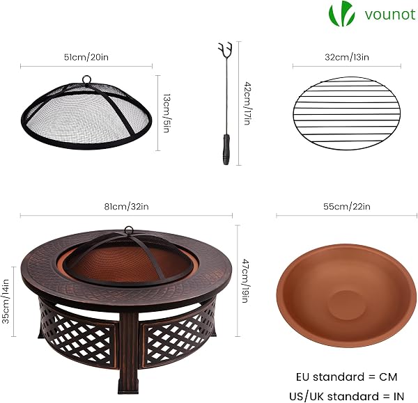 VOUNOT® Brasero Extérieur Ø81cm en Métal avec Pare Étincelles Couvercle et Tisonnier Chauffage de Jardin Terrasse Foyer Rond Noir - 3