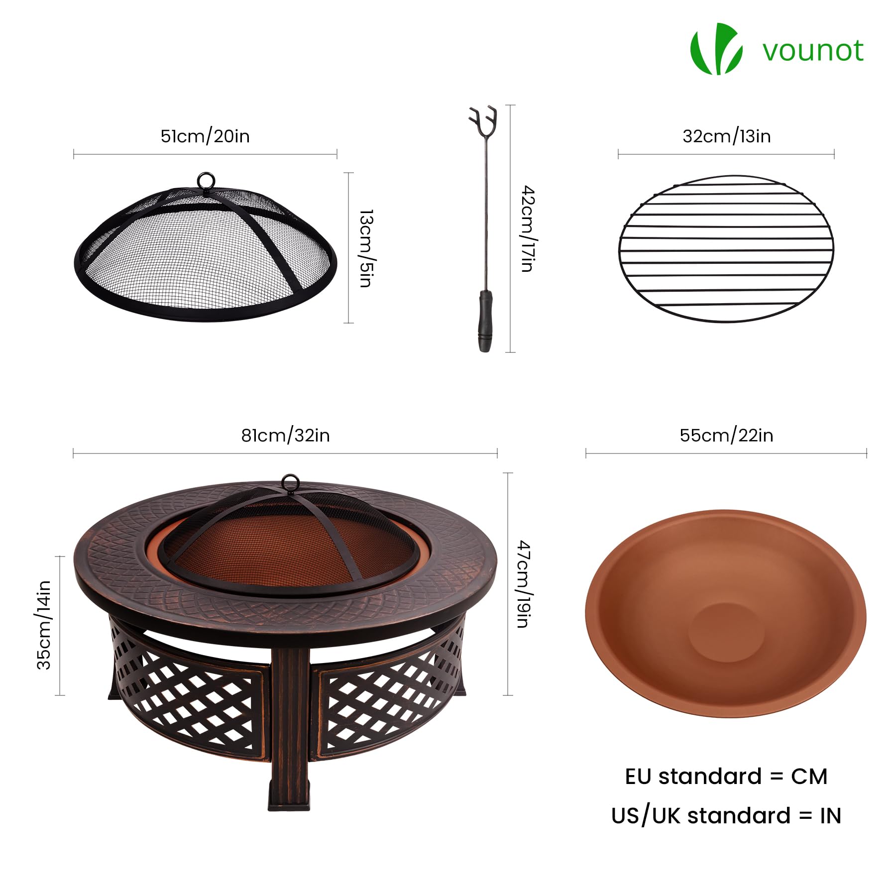 VOUNOT® Feuerschale Ø 81 cm mit Funkenschutz und Schürhaken Metall Feuerkorb Feuerstelle für den Garten, Terrasse, Heizung und Camping, Schwarz