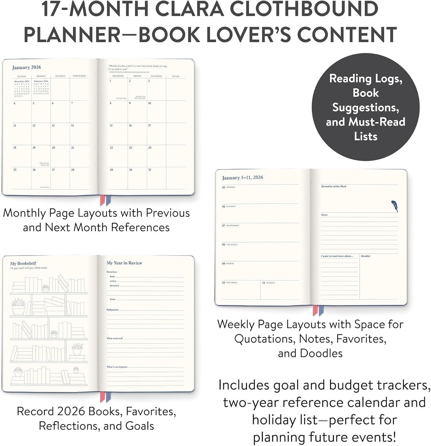 Orange Circle Studio Academic Planner 2025-2026, Fully Booked, Clara Clothbound, 17-Month, August 2025 to December 2026, 8.75" x 6.2", Monthly & Weekly Planner for School or Work, Goal & Budget Trackers, Textured Cloth Cover, Ribbon Markers