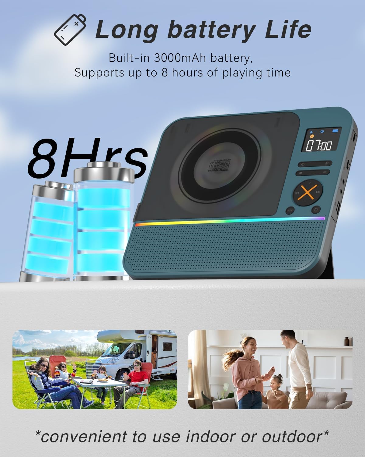 MONODEAL Bluetooth CD Player mit RGB Licht, Radio, Sleep Timer,HiFi Stereo | Wiederaufladbar Tragbarer CD Player