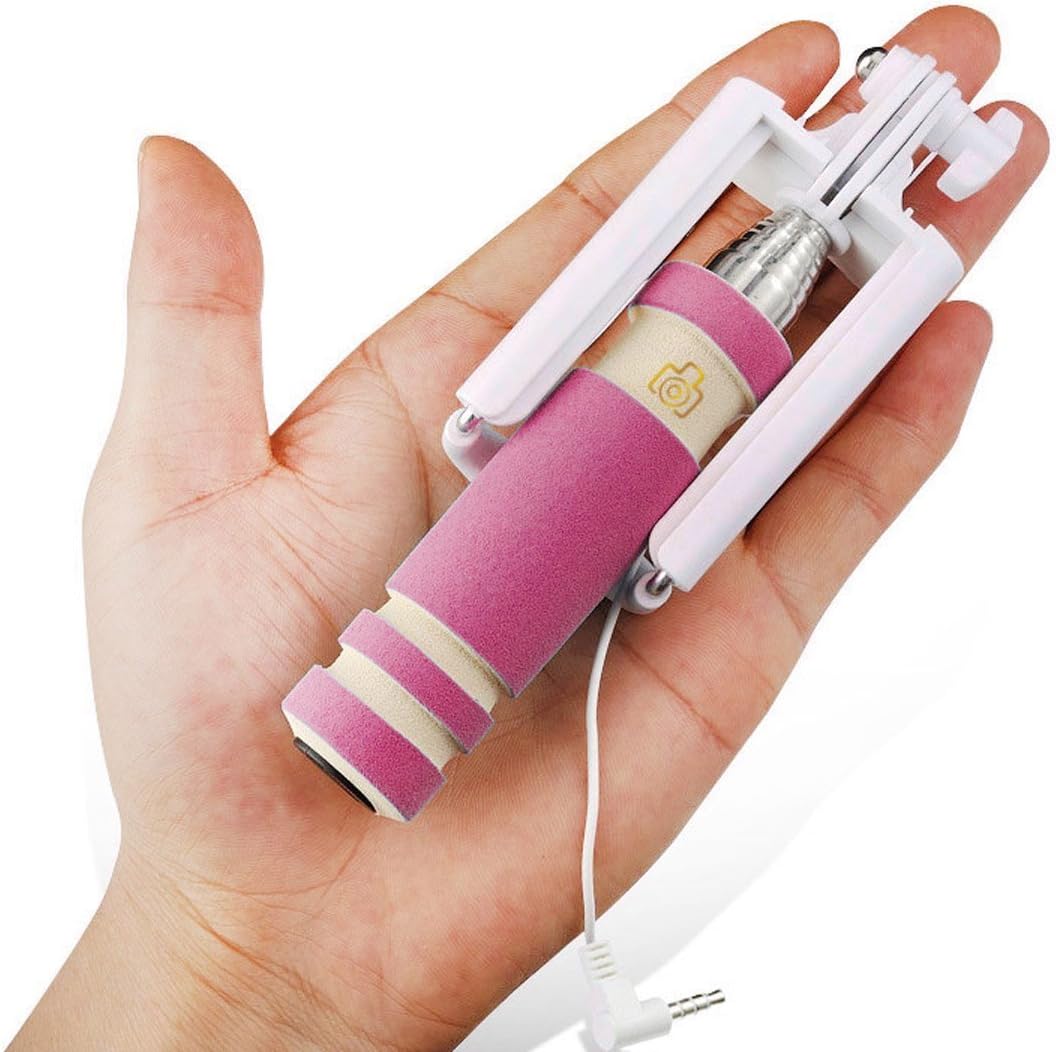 Selfie Stick Mini - The Smallest Wired, Foldable All-in-one Monopod Ever. Fits in Pockets and Purses with Ease. No Bluetooth Required No Batteries Needed. Easy to Use, Just Plug & Smile. (Pink)