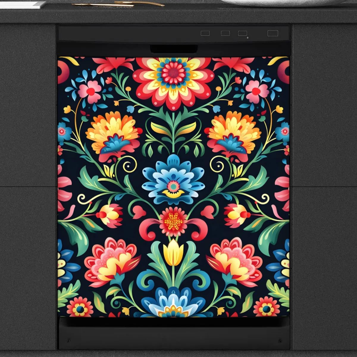 Mexican Flowers Dishwasher Magnet Cover 23'' x 26'' Colorful Mexican Magnetic Dishwasher Door Cover Decorative Refrigerator Magnet Covers for Home Kitchen