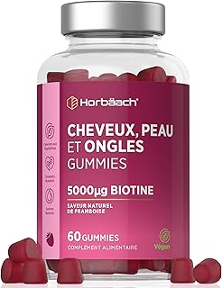 Gummies Cheveux Ongles et Peau | Avec Biotine 5000 mcg, Zinc, Vitamine B, C, E et plus | 60 Gommes Végétaliennes | Goût Framboise | Hair Skin Nails Gummies | by Horbaach
