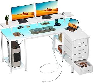 Rolanstar Schreibtisch mit 4 Schubladen & 3 Ablagen, Computertisch mit Steckdosen & LED Beleuchtung, Gaming Schreibtisch L Form für Schlafzimmer, Wohnzimmer, Homeoffice, Büro (Weiß, 140 cm)