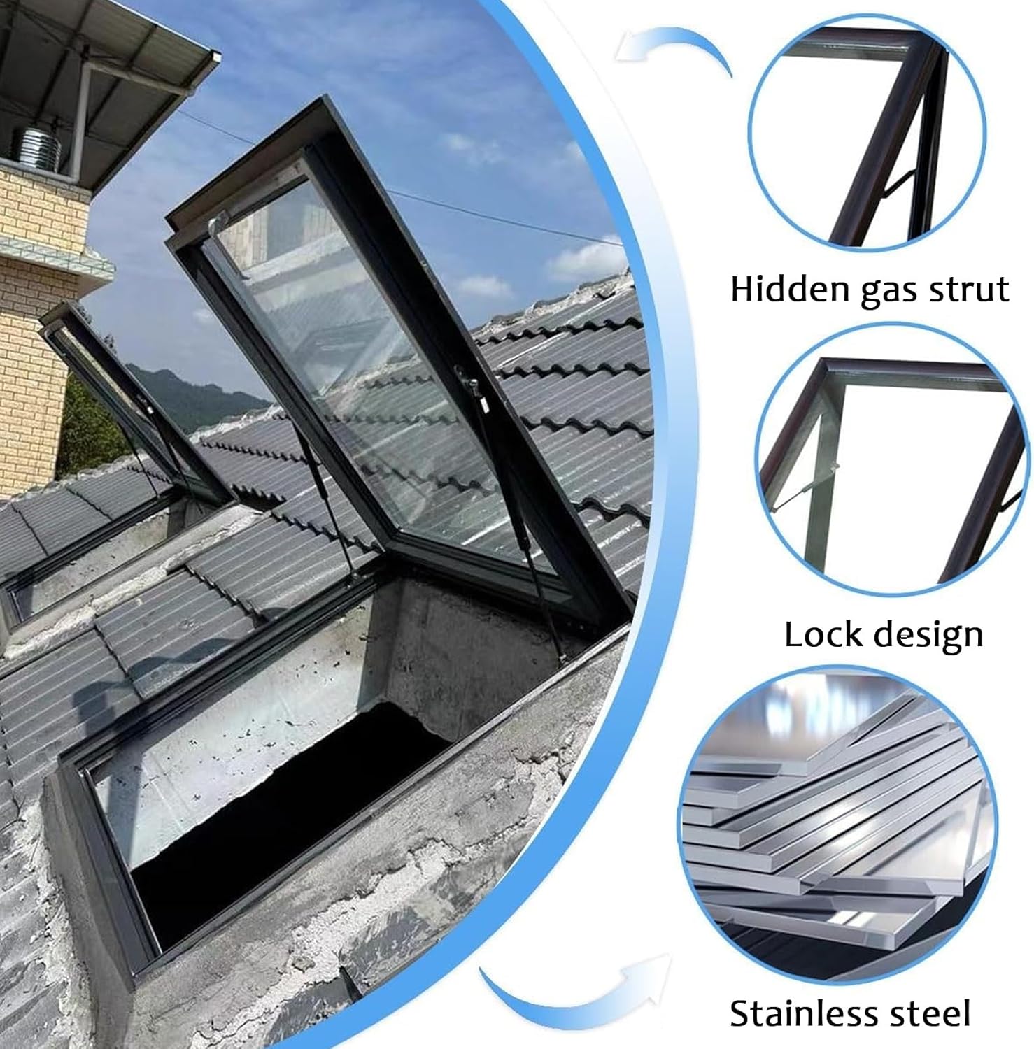 JKGHK Skylight Roof Window, Manual Venting Deck Mount Skylight, Roof Access Hatch, Sloped Flat Roofs Lighting Well Window, Lighting Well Egress Windows for Attic/Sun Room(58*58cm/22.8*22.8in)