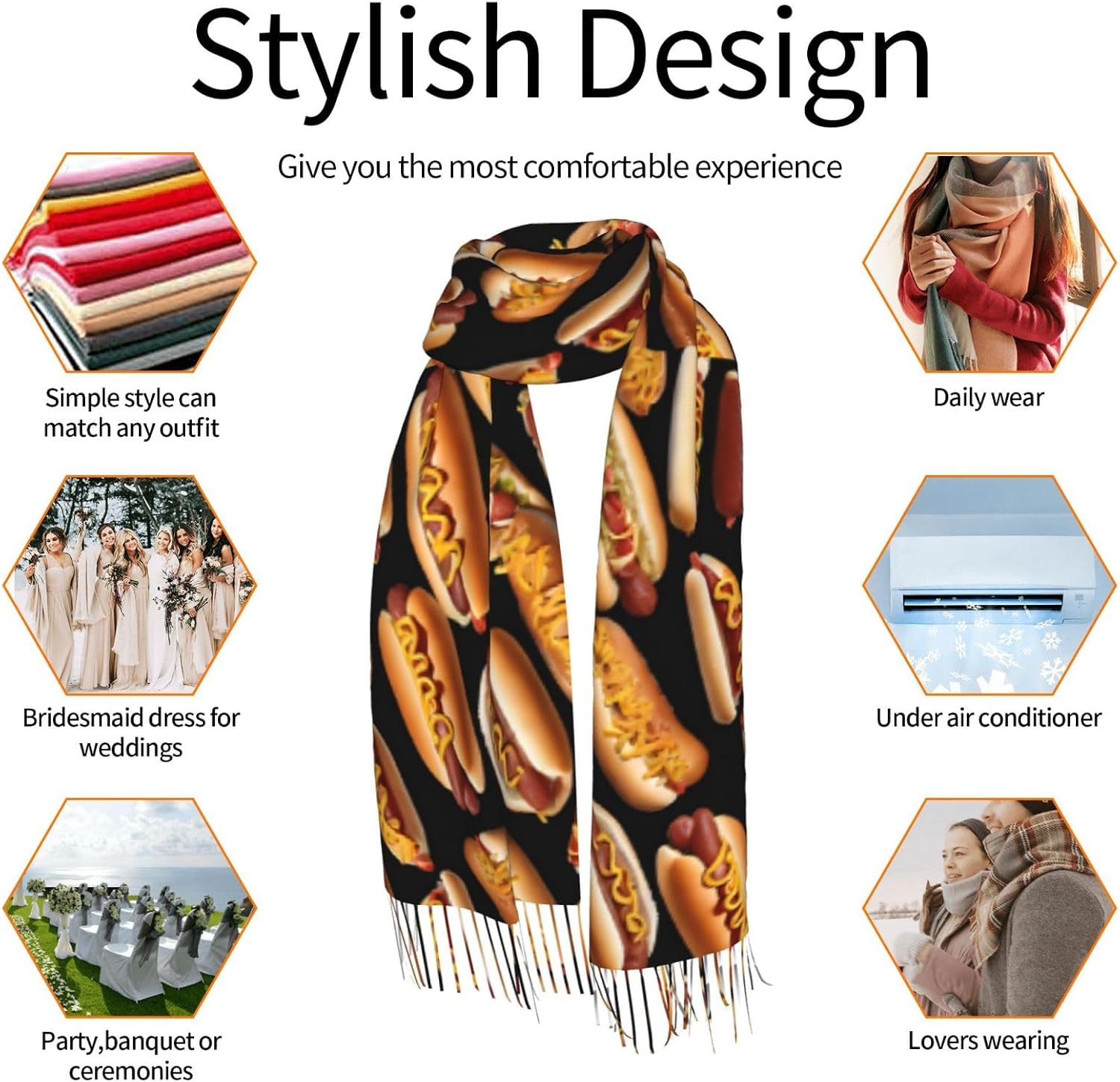 (Fun Food Hot Dogs) Women's Soft Warm Scarf Large Plush Shawl Wrap with Fringe Fashion Winter Scarves for Cold Weather