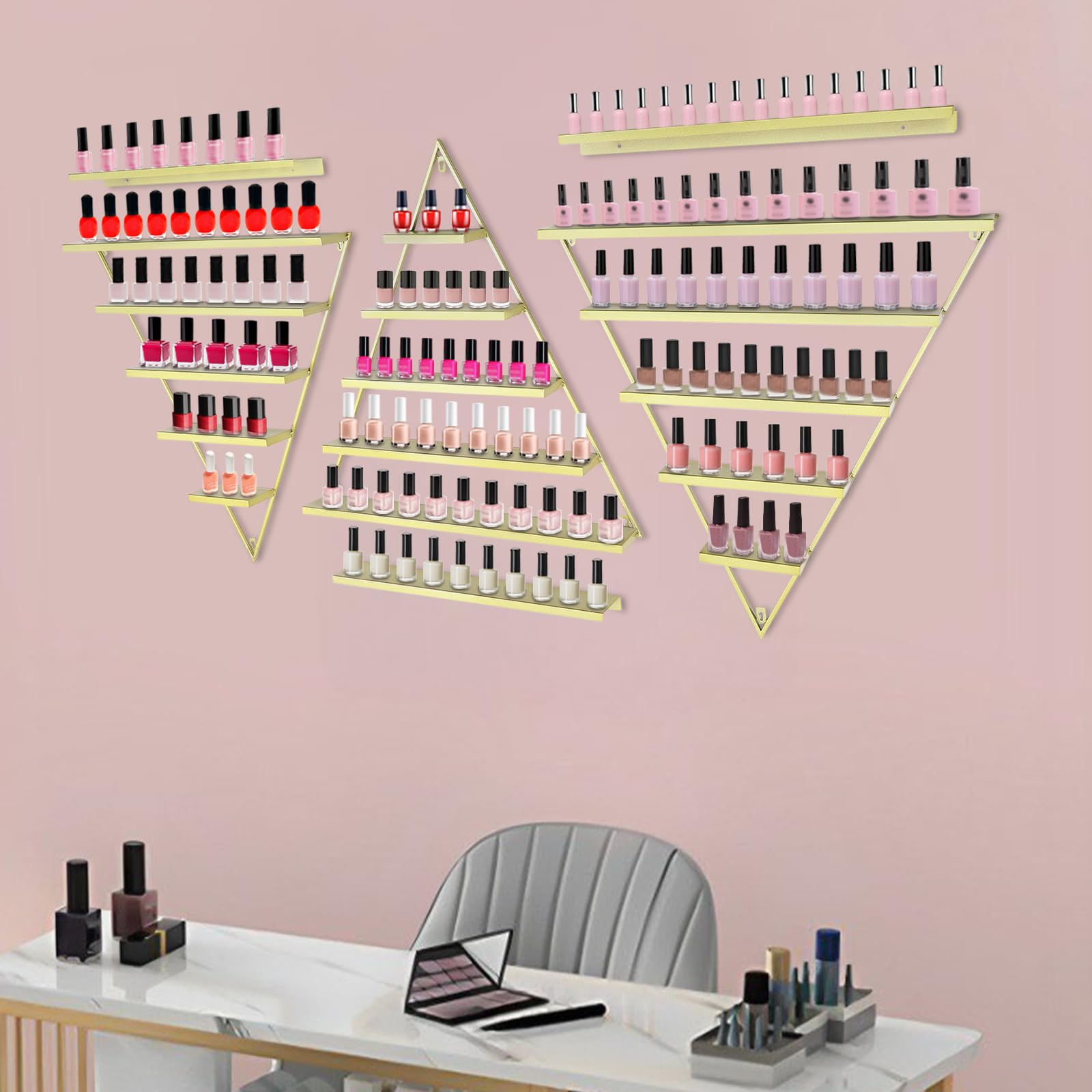 Set di scaffali da parete triangolari in metallo dorato con 6 ripiani, espositore per smalti, per saloni di bellezza, cosmetici, smalti colorati e prodotti per la cura