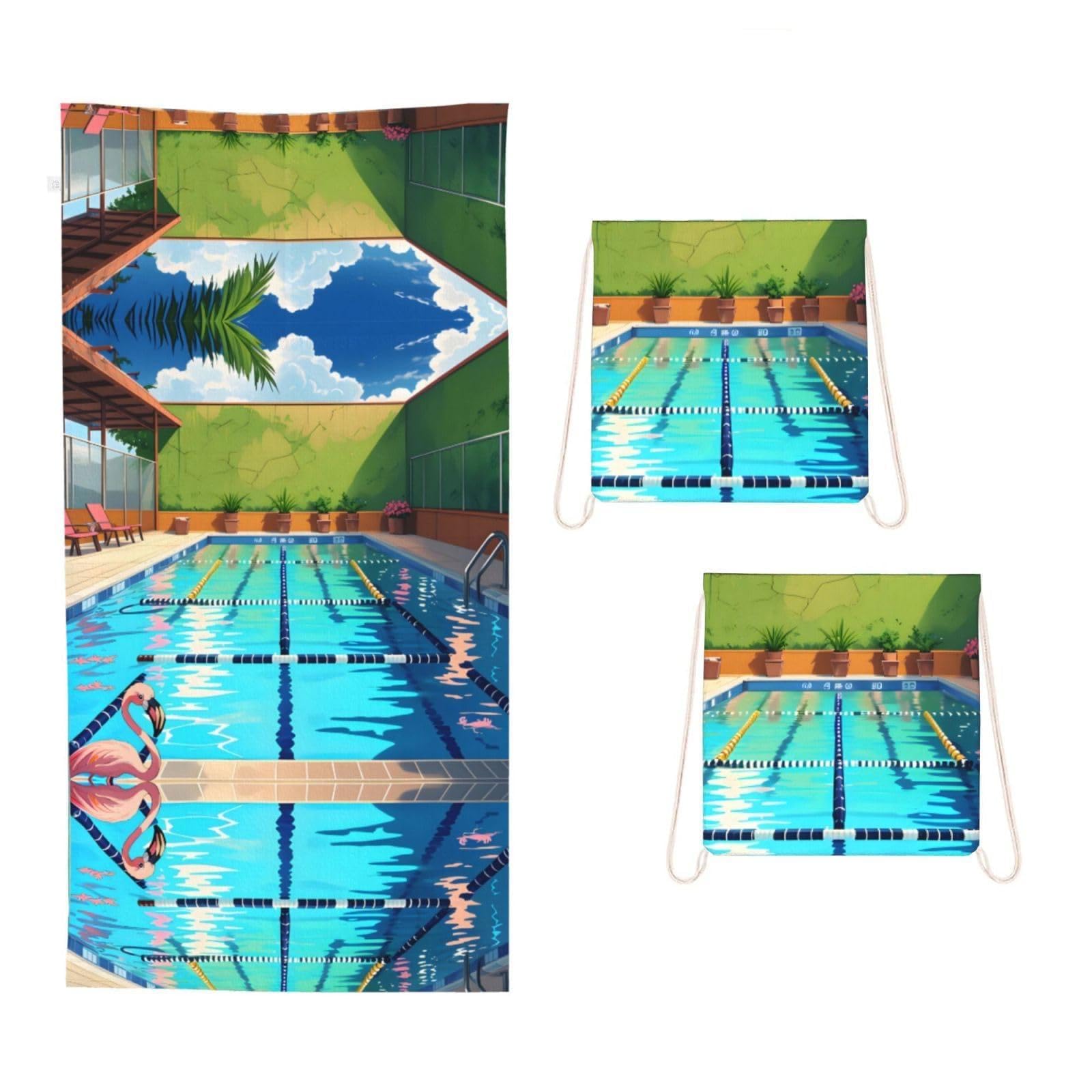 CNTDBU Flamingo and swimming pool 2 in 1 Packable Towel Bag-Large Beach Towel with Stuff Sack, Super Absorbent Microfiber Travel Towel for Pool
