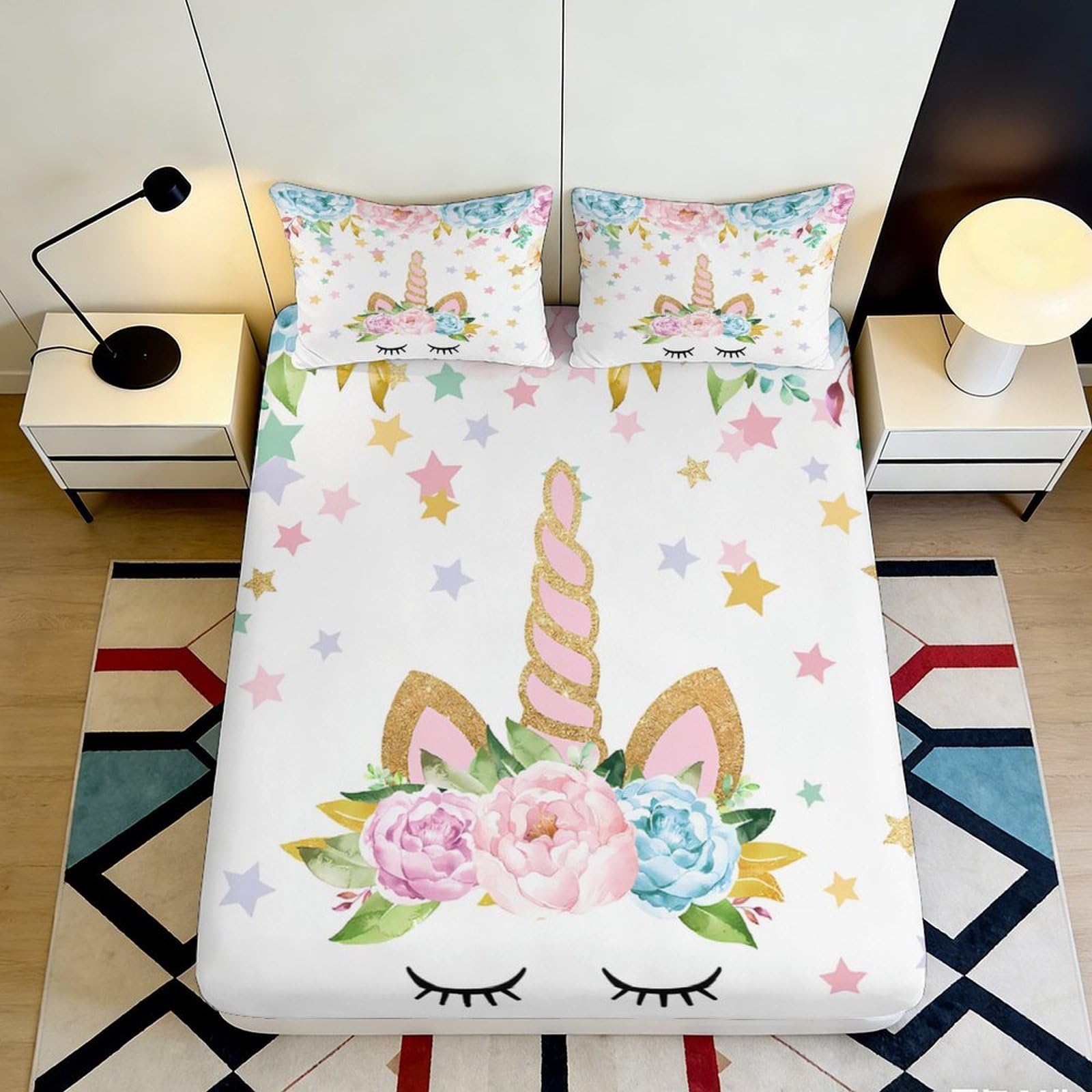 Decorative Unicorn Fitted Sheet 3D Printed, Microfiber Soft Touch, Wrinkle Resistant, Bed Sheet for Bedroom, Guest Room, Apartment Bedding, Easy Care, White Pastel 90x200x25cm