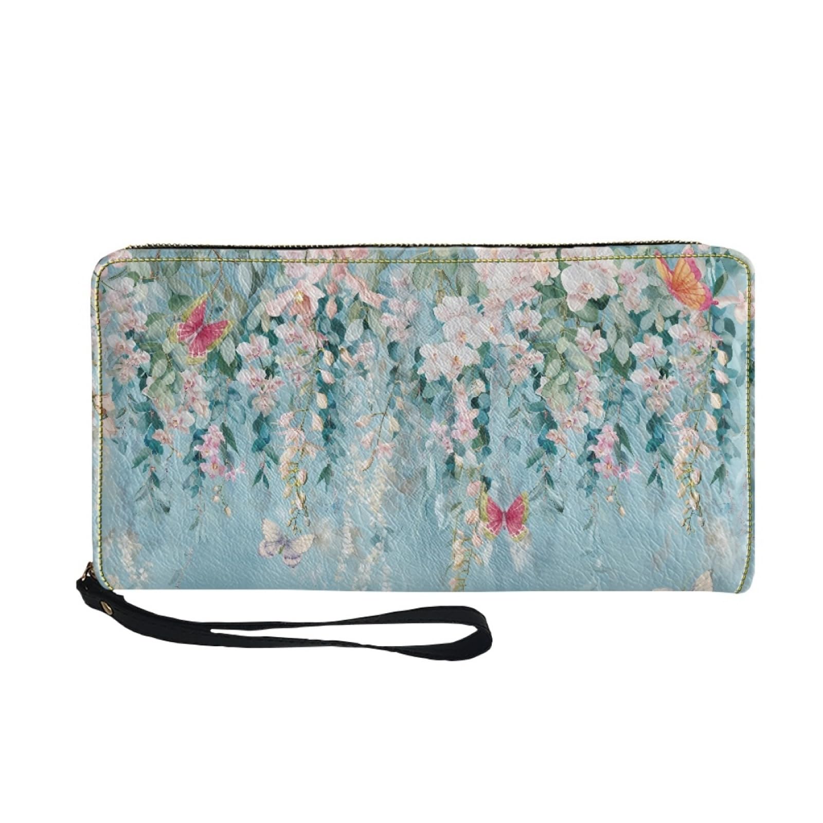 Portfel damski z portfelem na karty damskie, trwały, lekki i praktyczny portfel skórzany z kilkoma przegródkami i zapinanym na zamek etui na karty, Niebieski Kwiat Nieba, 11x20cm/3 Pièce, Nowoczesny