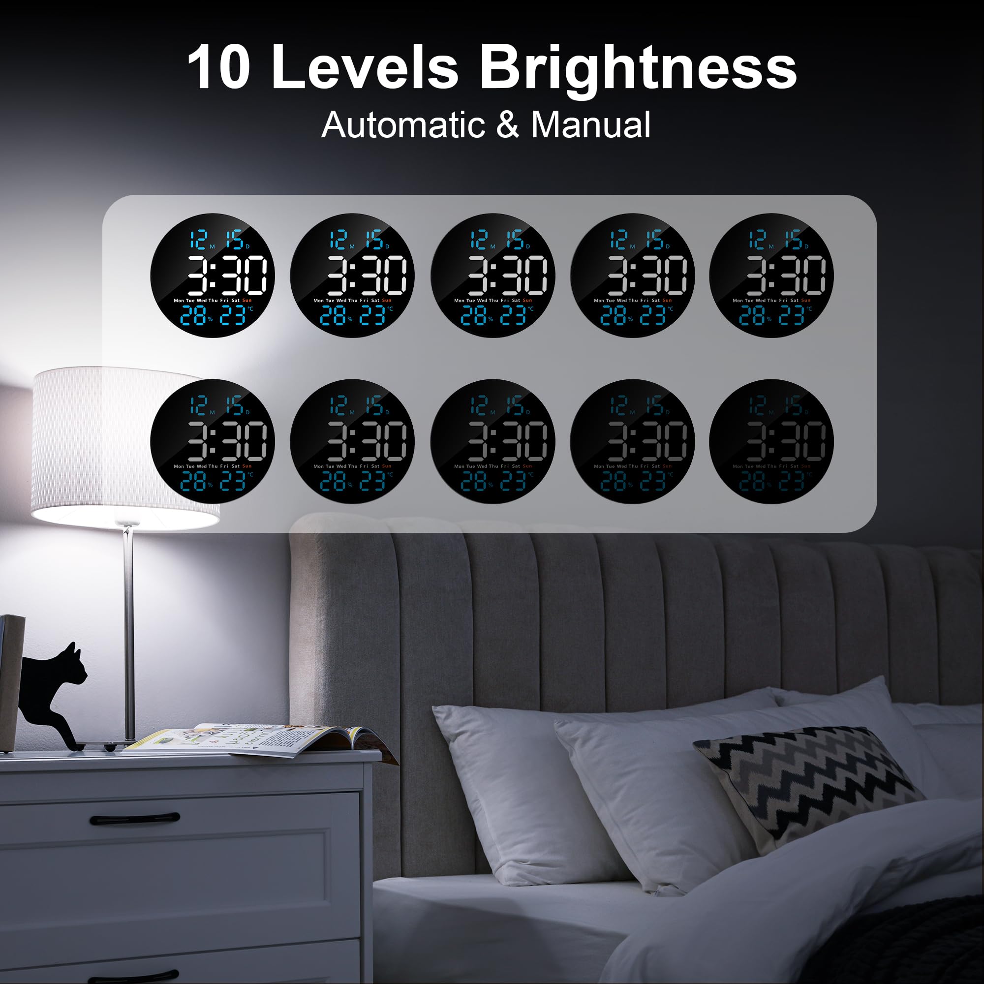 Lafocuse Reloj de Pared Digital con Grande Pantalla LED 25CM, Silencioso Relojes con Control Remoto, Temperatura, Fecha, 2 Alarmas, Cuenta Atrás, Brillo Ajustable para Salon Cocina Oficina, Azul