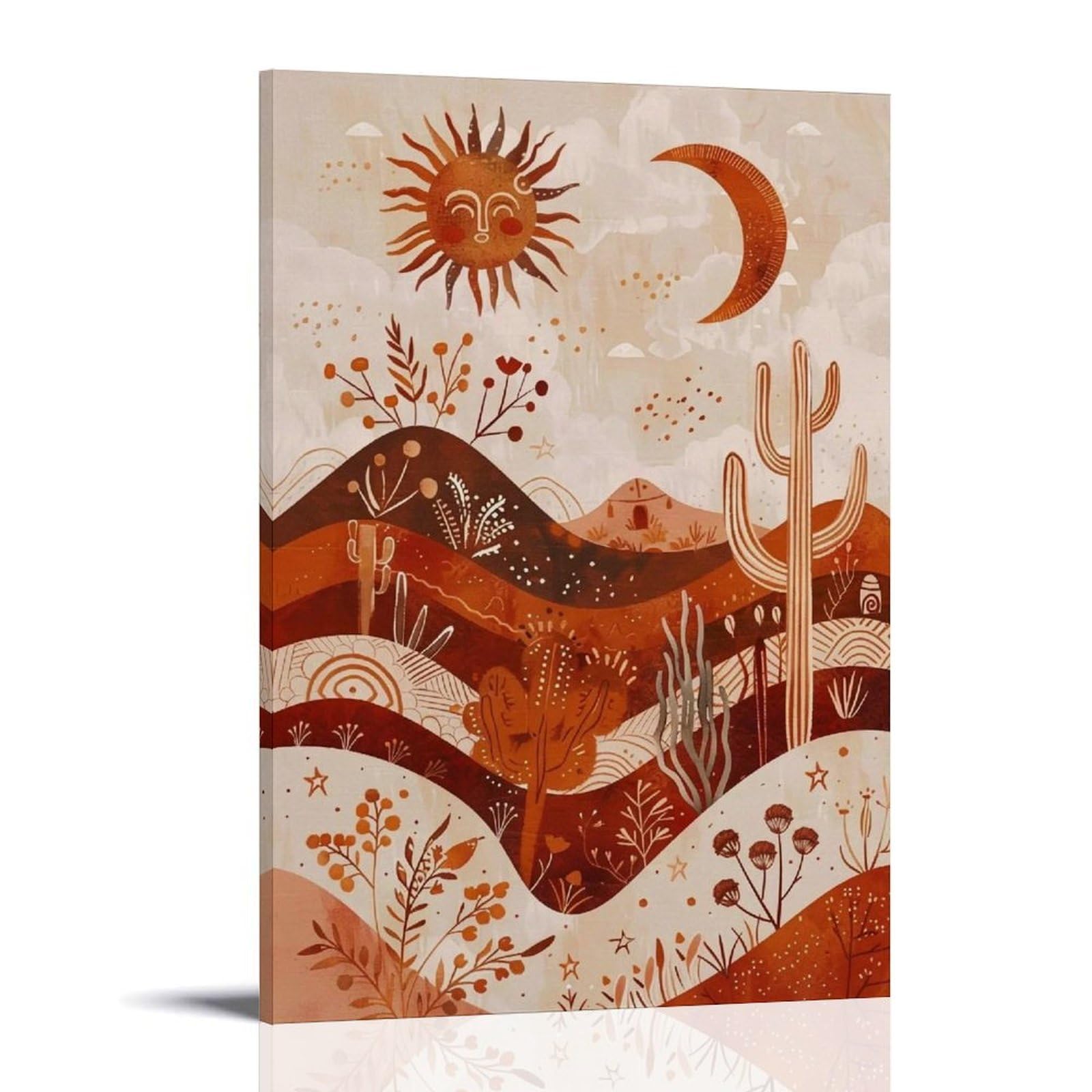 MGHTGRWE Earth Tone Folk Pattern Arid Mountain Cactus Motif 03 Poster Wall Art Canvas Vintage Aesthetic Painting Decor for Rooms 16x24inch Frame-style