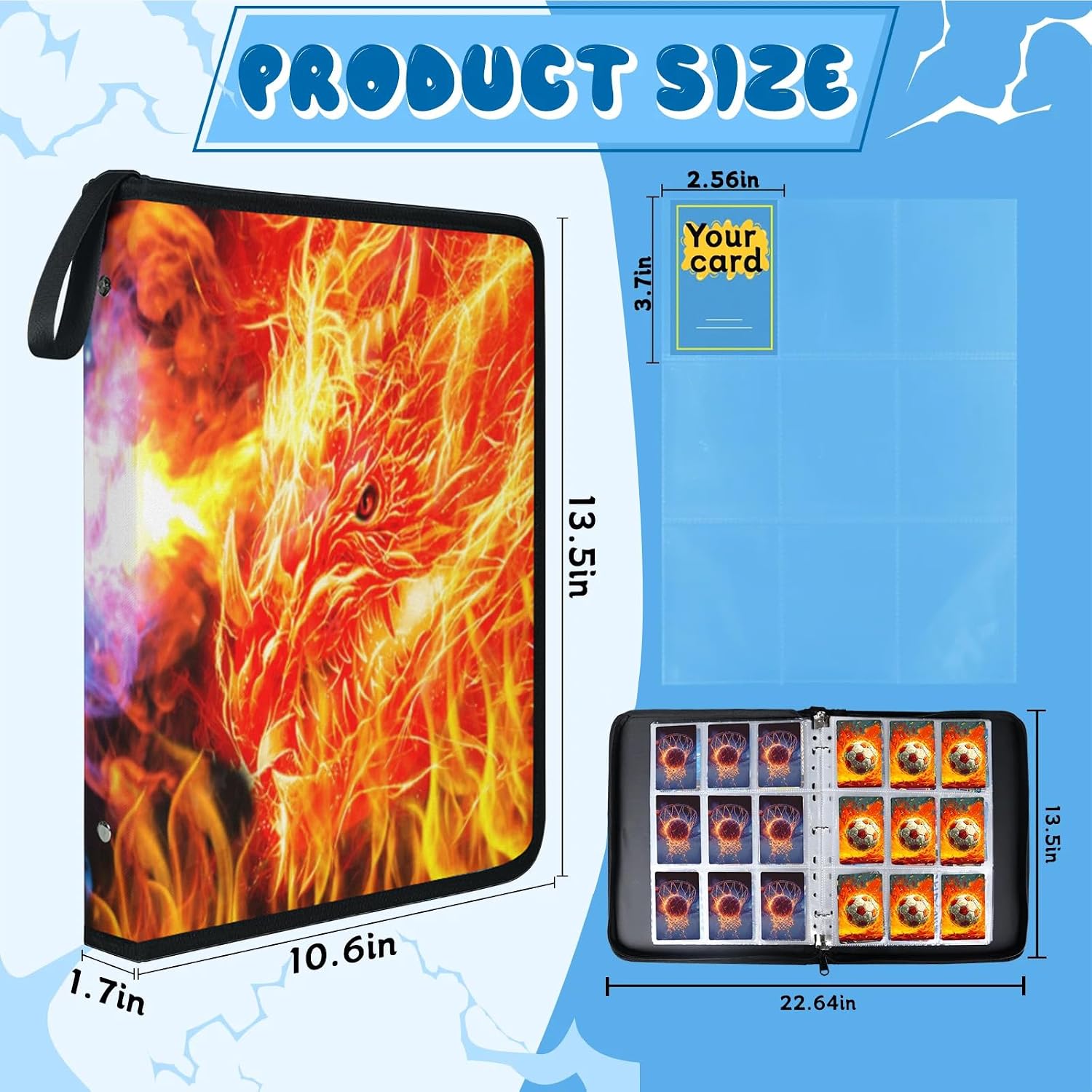 9 Pockets Trading Card Binder - 900 Double Sided Pockets Trading Card Binder with 50 Removable Sleeves,Card Binder Album for Sport Cards & Game Cards(Fiery Dragon)
