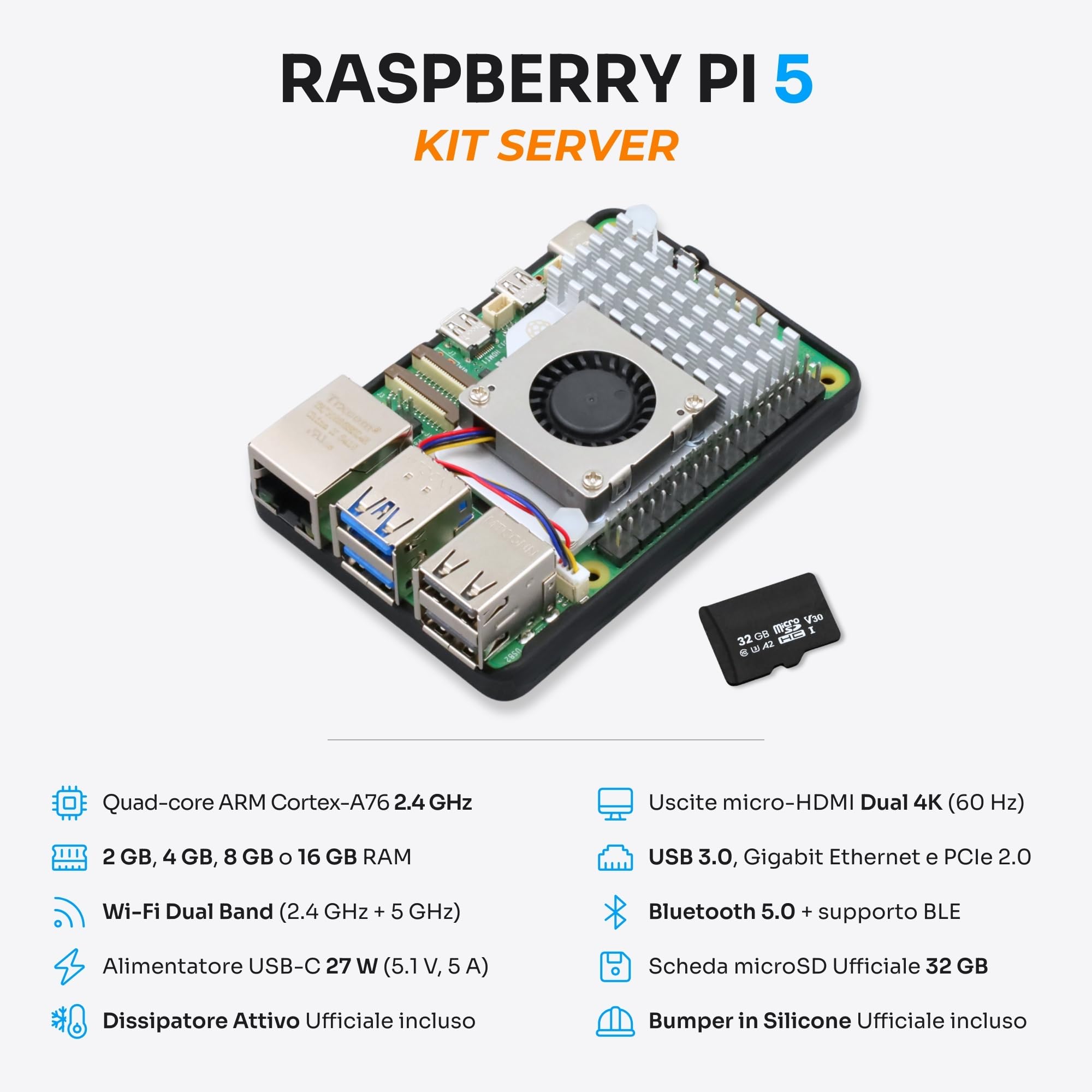 Starter Kit per Raspberry Pi 5 2 GB - Server Edition | Scheda MicroSD 32 GB | Alimentatore 27 W | Active Cooler | Bumper in Silicone