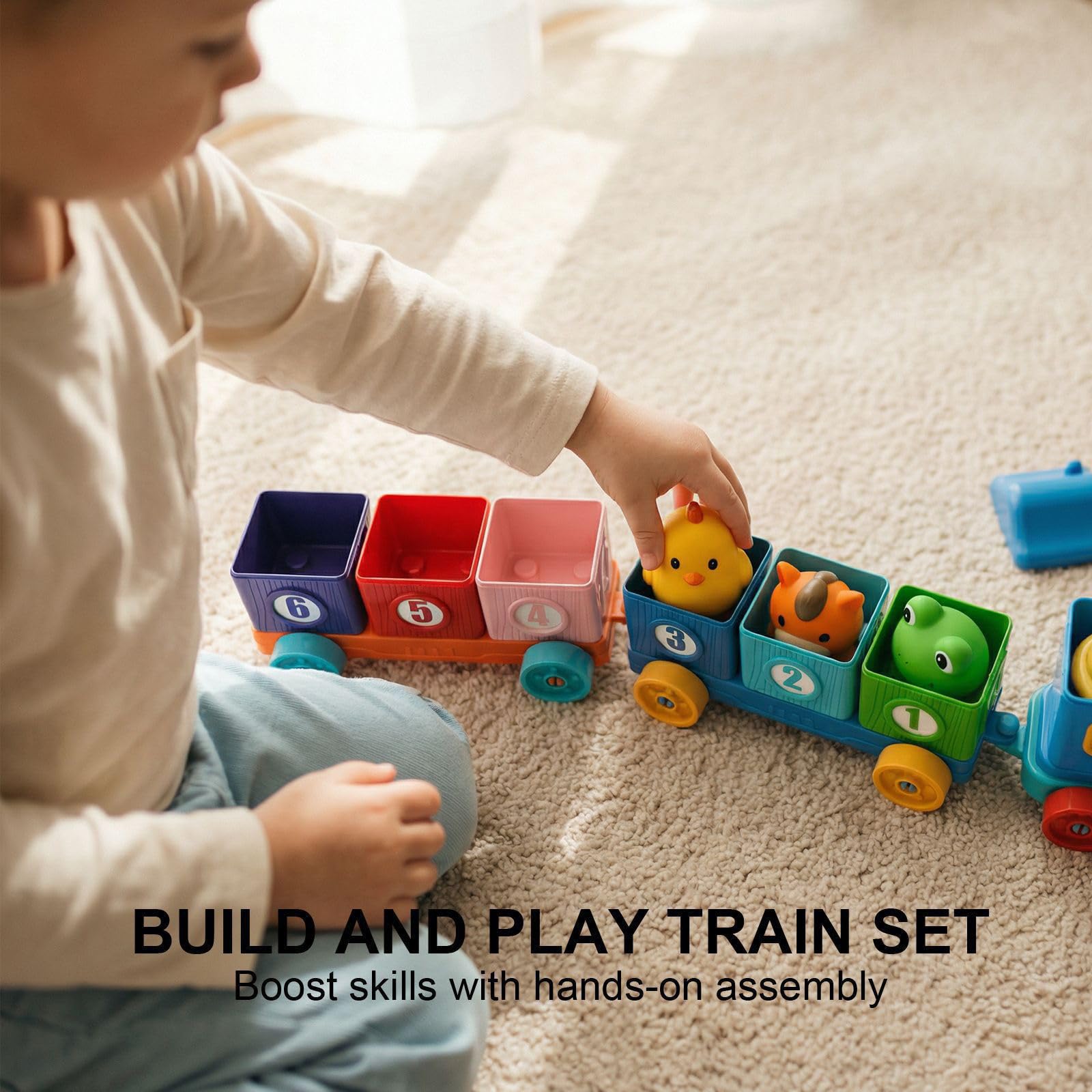 Trenino Giocattolo a Tema Fattoria con Numeri e Gioco smistamento Animali, burattino da Dito per Bambini, immaginazione, Gioco apprendimento precoce della Matematica