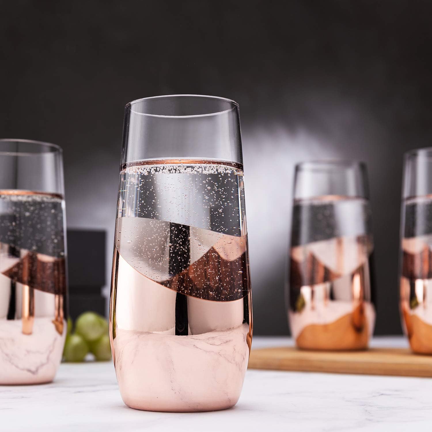 MyGift Modern Champagne Flutes, 11 oz Tilted Design Copper Stemless Champagne Flute Glasses, Set of 4 - Image 6