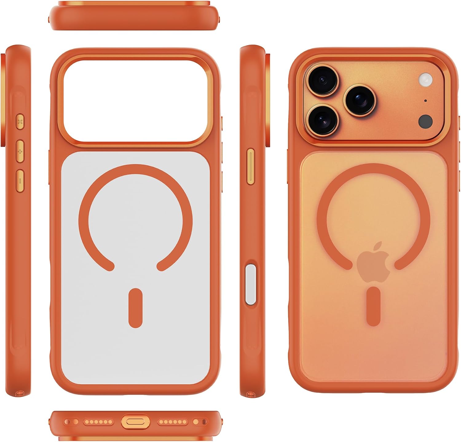 Magnetic Phone Case for iPhone 17, PC+TPU Hybrid, MagSafe Compatible, Sandblasting Back with Orange Frame, Anti-Fingerprint (Black, iPhone 17 Pro)
