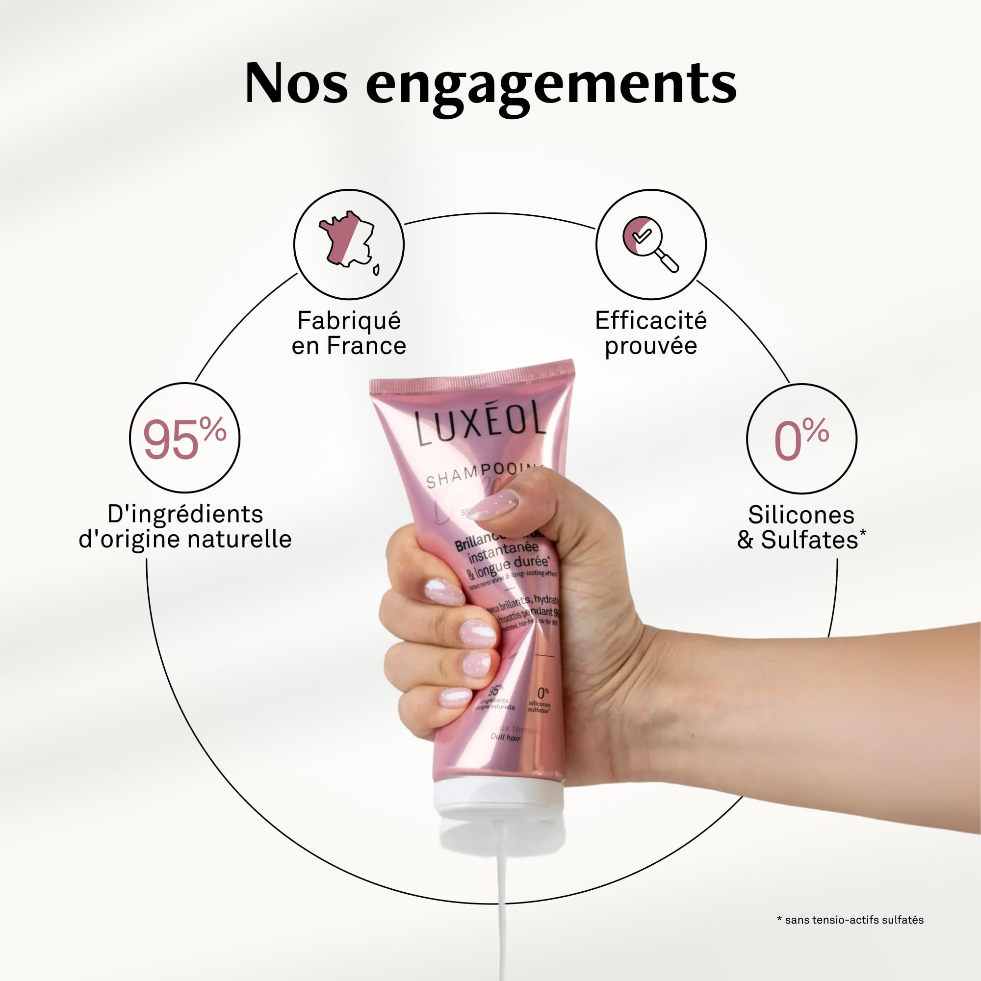 LUXEOL - Shampooing Brillance - Pour des cheveux brillants, hydratés et sans frisottis pendant 96h* - 95% Ingrédients d'Origine Naturelle - Fabriqué en France - 200 ml