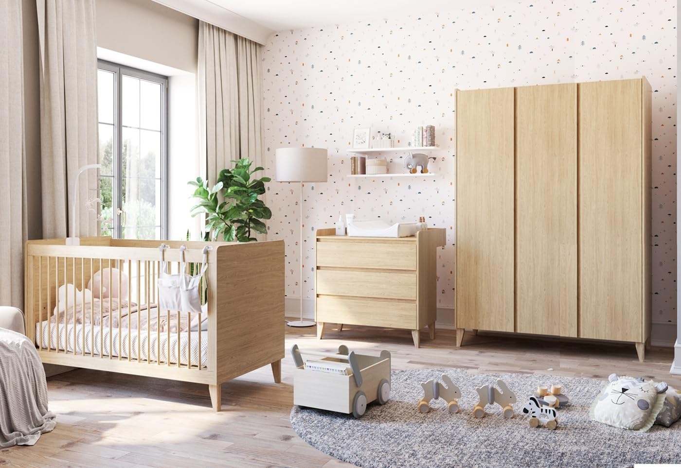 QMM Babyzimmer Kinderzimmer Maya komplett Set B Kleiderschrank Kommode Wickelaufsatz Bett